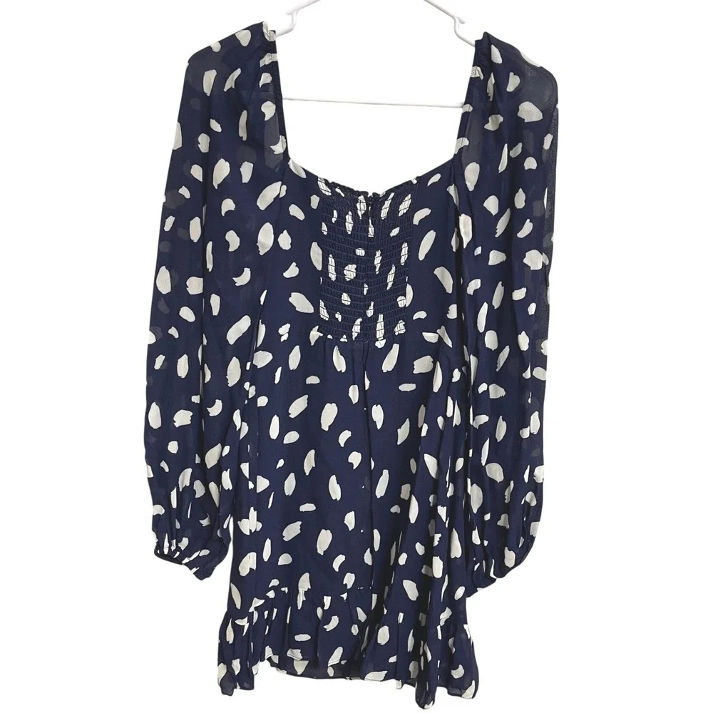 Reformation Cammi Dress Splatter Polka Dot Blue Mini Size 2 Puff Sleeve Ruffle - Picture 3 of 4